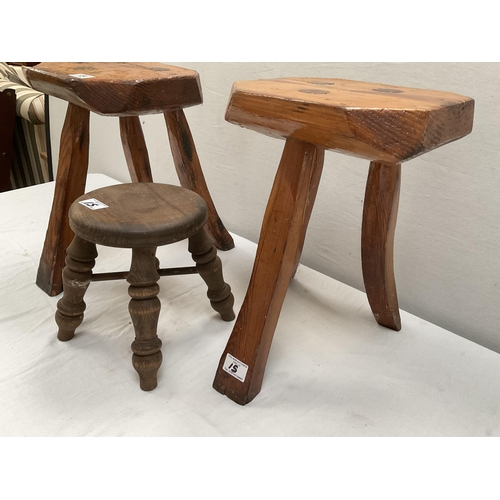 15 - 2 MATCHING PITCH PINE RUSTIC MILKING STOOLS - H 16