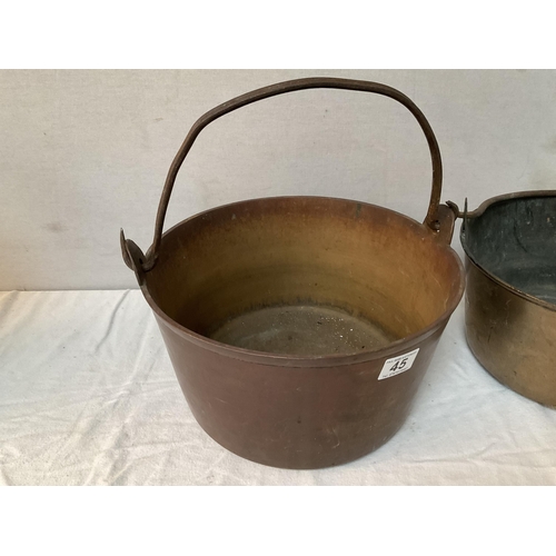 45 - 2 LARGE EARLY VICTORIAN BRASS PRESERVE PANS AND A LATER STICK STAND
JAM PAN DIA 13