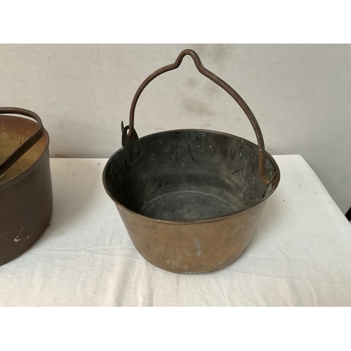 45 - 2 LARGE EARLY VICTORIAN BRASS PRESERVE PANS AND A LATER STICK STAND
JAM PAN DIA 13