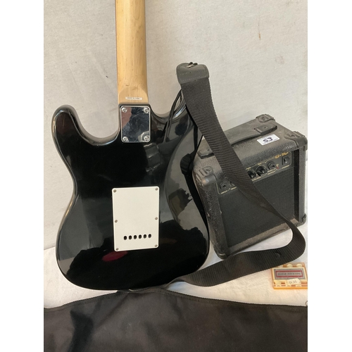 53 - CRAFTER JUNIOR ELECTRIC GUITAR AND ENCORE ELECTRIC GUITAR WITH CASE AND A BURSWOOD G10 GUITAR AMPLIF... 