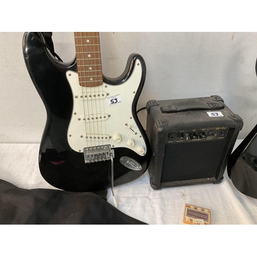 53 - CRAFTER JUNIOR ELECTRIC GUITAR AND ENCORE ELECTRIC GUITAR WITH CASE AND A BURSWOOD G10 GUITAR AMPLIF... 