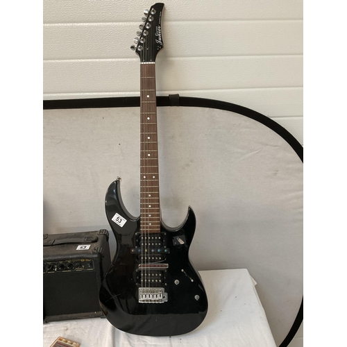 53 - CRAFTER JUNIOR ELECTRIC GUITAR AND ENCORE ELECTRIC GUITAR WITH CASE AND A BURSWOOD G10 GUITAR AMPLIF... 