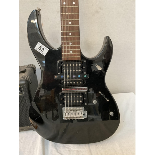 53 - CRAFTER JUNIOR ELECTRIC GUITAR AND ENCORE ELECTRIC GUITAR WITH CASE AND A BURSWOOD G10 GUITAR AMPLIF... 