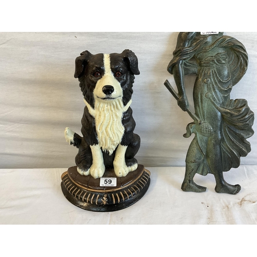 59 - CAST METAL PLAQUE AND A CAST IRON SHEEP DOG DOOR STOP