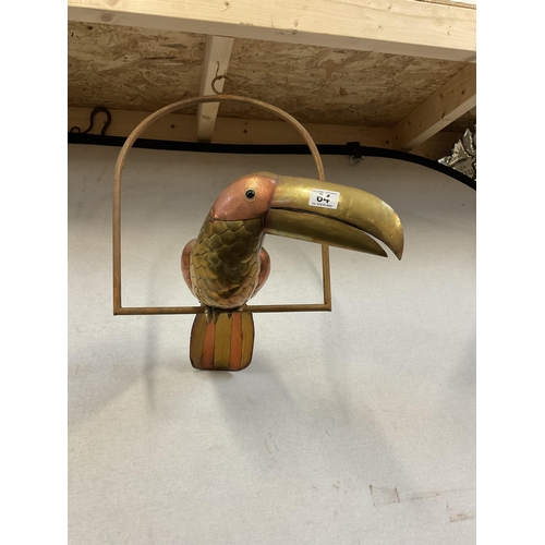 64 - BRASS AND COPPER PELICAN ON STAND AND A MERRYTHOUGHT PARROTT - H22