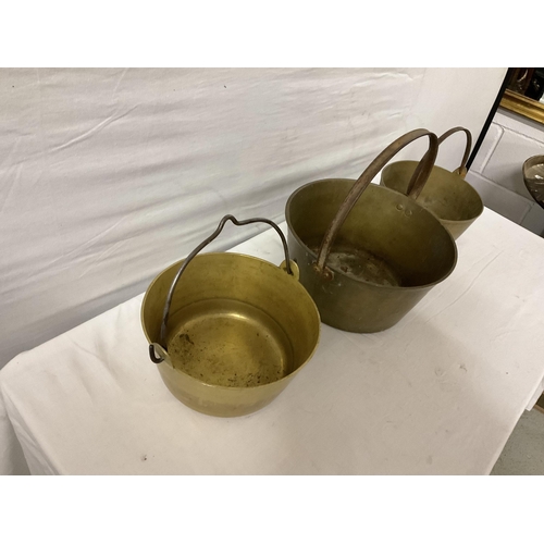 84 - 3 EARLY BRASS PRESERVE PANS DIA 13