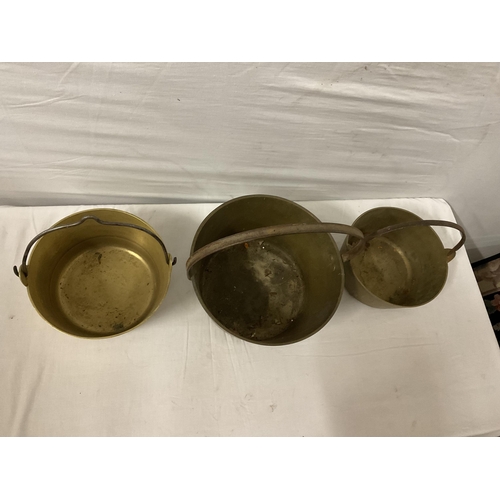 84 - 3 EARLY BRASS PRESERVE PANS DIA 13