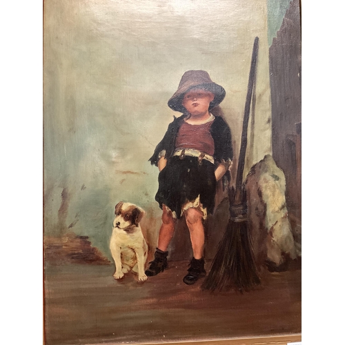 135 - 2 MATCHING OILS ON CANVAS IN GILT FRAMES THE YOUNG BOY AND HIS DOG 30