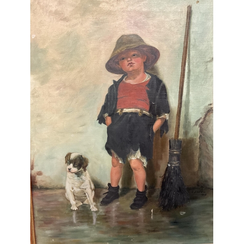 135 - 2 MATCHING OILS ON CANVAS IN GILT FRAMES THE YOUNG BOY AND HIS DOG 30