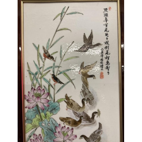 149 - REPRO FRAMED CHINESE PORCELAIN PLAQUE DECORATED WITH BIRDS AND FOILAGE H31