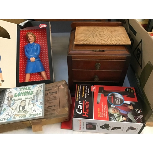 155 - 2 BOXES OF ODDS TO INCLUDE VINTAGE OAK STOOL, FLAGS, VINTAGE BARBERS ITEMS ETC