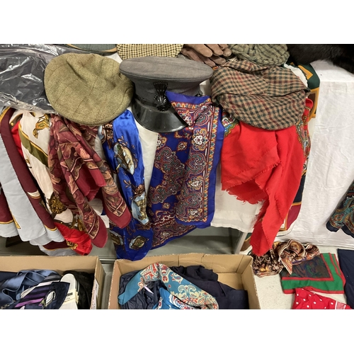 185 - 3 BOXES OF LINEN, SILK SCARVES, HATS ETC