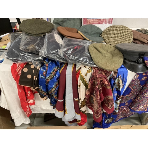 185 - 3 BOXES OF LINEN, SILK SCARVES, HATS ETC