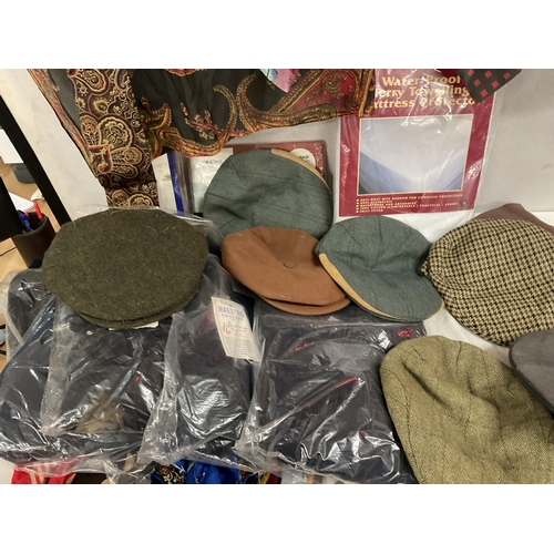 185 - 3 BOXES OF LINEN, SILK SCARVES, HATS ETC