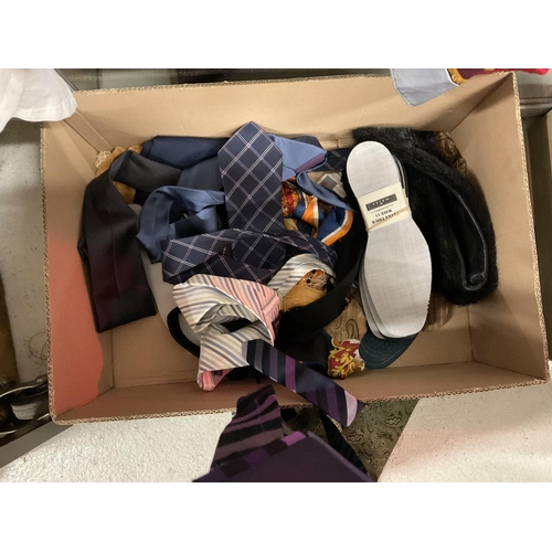 185 - 3 BOXES OF LINEN, SILK SCARVES, HATS ETC