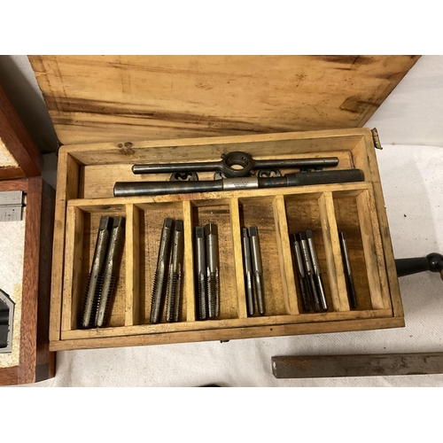 186 - BOX OF HARDWARE AND TOOLS TO INC VICTORIAN RULER, VICES, ENGINEERS TOOLS ETC