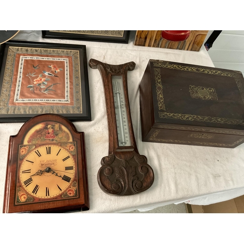 190 - BOX OF ODDS TO INC CLOCKS, CERAMIC TILES, BRASS INLAID ROSEWOOD BOX ETC