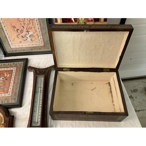 190 - BOX OF ODDS TO INC CLOCKS, CERAMIC TILES, BRASS INLAID ROSEWOOD BOX ETC