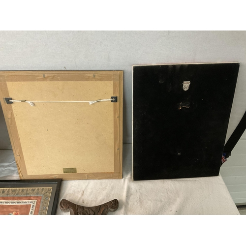 190 - BOX OF ODDS TO INC CLOCKS, CERAMIC TILES, BRASS INLAID ROSEWOOD BOX ETC