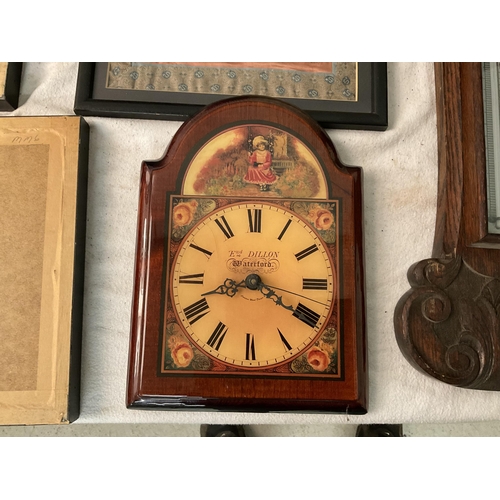 190 - BOX OF ODDS TO INC CLOCKS, CERAMIC TILES, BRASS INLAID ROSEWOOD BOX ETC