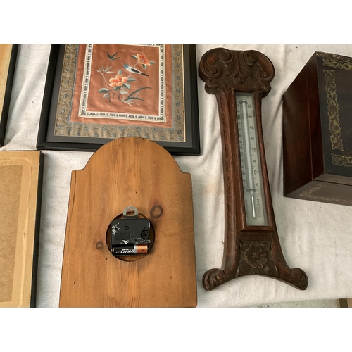 190 - BOX OF ODDS TO INC CLOCKS, CERAMIC TILES, BRASS INLAID ROSEWOOD BOX ETC