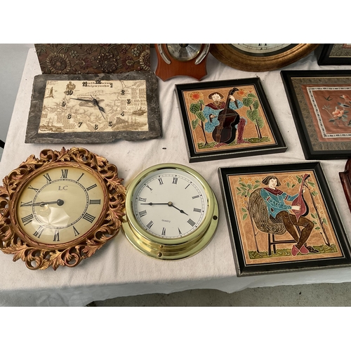 190 - BOX OF ODDS TO INC CLOCKS, CERAMIC TILES, BRASS INLAID ROSEWOOD BOX ETC