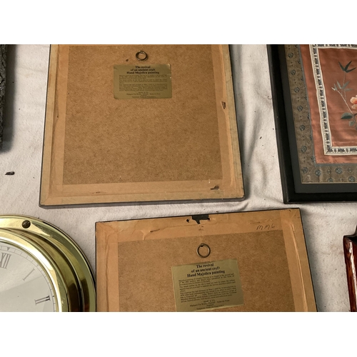 190 - BOX OF ODDS TO INC CLOCKS, CERAMIC TILES, BRASS INLAID ROSEWOOD BOX ETC