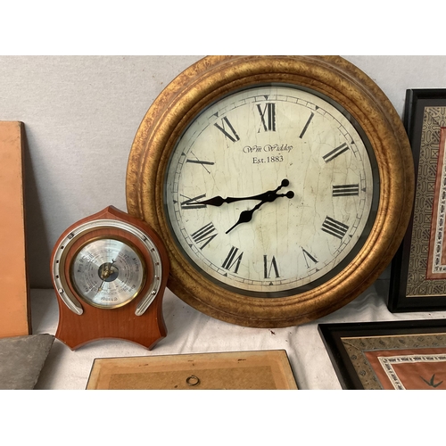 190 - BOX OF ODDS TO INC CLOCKS, CERAMIC TILES, BRASS INLAID ROSEWOOD BOX ETC