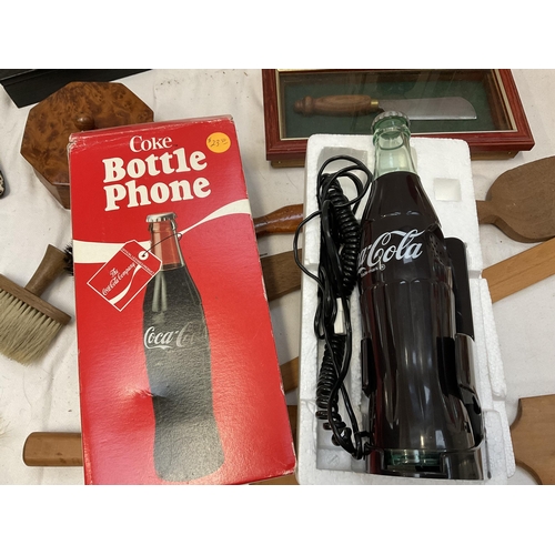 203 - BOX OF ODDS TO INCLUDE COCA COLA BOTTLE PHONE, ANDY CAPP AVON FIGURE, YEW WOOD TRINKET BOX ETC