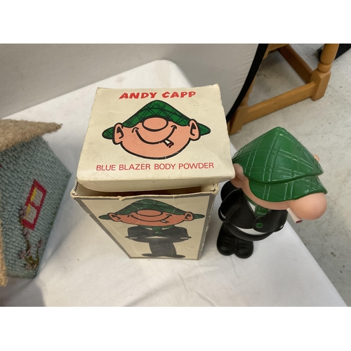 203 - BOX OF ODDS TO INCLUDE COCA COLA BOTTLE PHONE, ANDY CAPP AVON FIGURE, YEW WOOD TRINKET BOX ETC