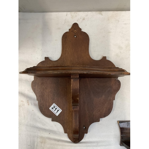 211 - 5 OAK AND MAHOGANY SMALL WALL SHELVES AND SCONCES