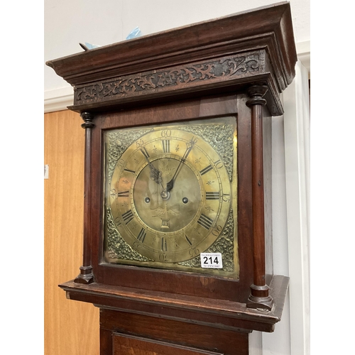 214 - EARLY OAK CASED 8 DAY BRASS FACED GRANDFATHER CLOCK