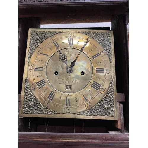 214 - EARLY OAK CASED 8 DAY BRASS FACED GRANDFATHER CLOCK