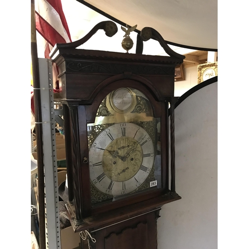 283 - EARLY VICTORIAN MAHOGANY CASED 8 DAY BRASS FACED GRANDFATHER CLOCK BROWN OF GLASGOW (MISSING A FRONT... 