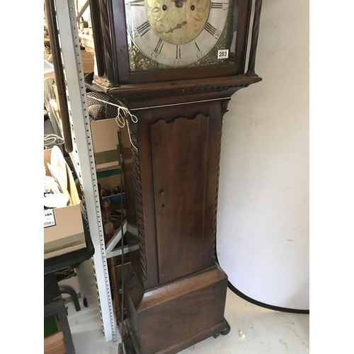 283 - EARLY VICTORIAN MAHOGANY CASED 8 DAY BRASS FACED GRANDFATHER CLOCK BROWN OF GLASGOW (MISSING A FRONT... 