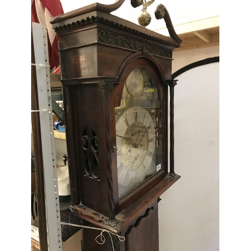 283 - EARLY VICTORIAN MAHOGANY CASED 8 DAY BRASS FACED GRANDFATHER CLOCK BROWN OF GLASGOW (MISSING A FRONT... 