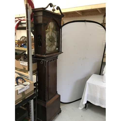 283 - EARLY VICTORIAN MAHOGANY CASED 8 DAY BRASS FACED GRANDFATHER CLOCK BROWN OF GLASGOW (MISSING A FRONT... 