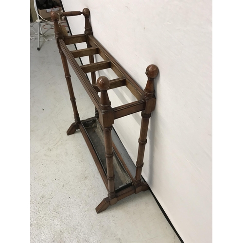 291 - EDWARDIAN MAHOGANY UMBRELLA STAND COMPLETE WITH DRIP TRAY (1 STRETCHER MISSING) H33