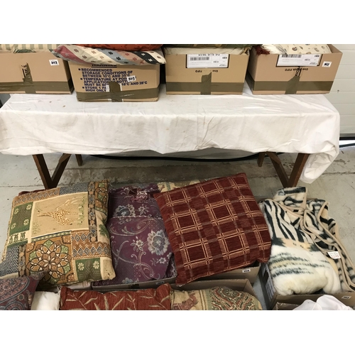 303 - 12 BOXES OF SCATTER CUSHIONS, LINEN, NEW DUVET COVERS ETC