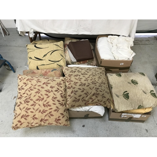 311 - 7 BOXES OF SCATTER CUSHIONS, LINEN ETC A CASE AND A COMPASS HOLDALL