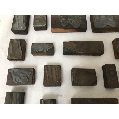 327 - QTY OF VINTAGE PRINTING BLOCKS X 25 TO INCLUDE WHEELBARROWS, SACK TRUCK ETC