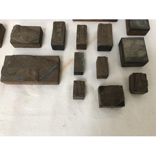 327 - QTY OF VINTAGE PRINTING BLOCKS X 25 TO INCLUDE WHEELBARROWS, SACK TRUCK ETC