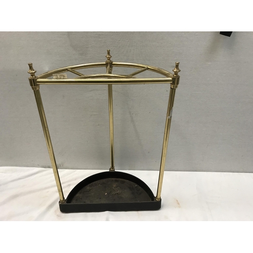 335 - VINTAGE BRASS STICK/UMBRELLA STAND WITH CAST IRON DRIP TRAY H24