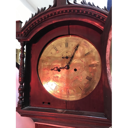 336 - VICTORIAN MAHOGANY CASED 8 DAY BRASS FACED GRANDFATHER CLOCK THOMAS HENCHER MUSSELBURGH H86