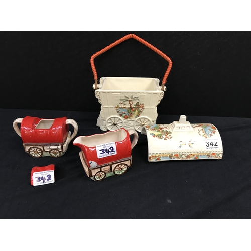 342 - VINTAGE BURSLEM CORONET WARE BISCUIT BARRELL IN THE SHAPE OF A GYPSY CARAVAN COMPLETE WITH HANDLE AN... 