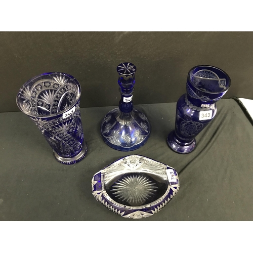 343 - 4 PIECES OF BLUE OVERLAY GLASS TO INCLUDE 2 LARGE VASES 1 A/F AND A FRUIT BOWL  A/F