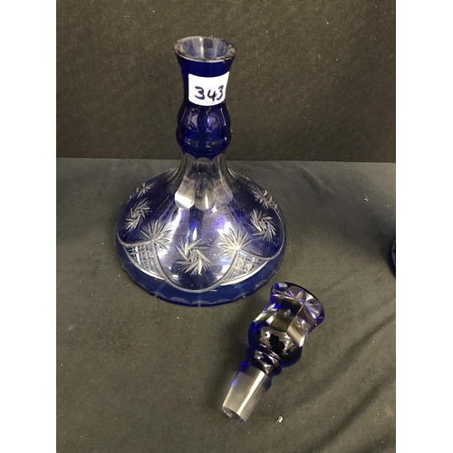 343 - 4 PIECES OF BLUE OVERLAY GLASS TO INCLUDE 2 LARGE VASES 1 A/F AND A FRUIT BOWL  A/F