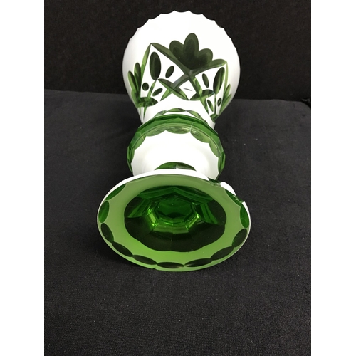 347 - 2 PIECES OF GREEN OVERLAY GLASS TO INCLUDE VASE, DECANTER AND A VICTORIAN MARY GREGORY SWEET JAR COM... 