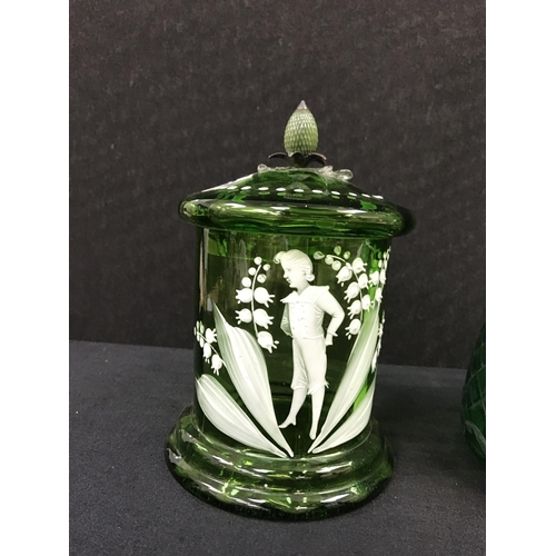 347 - 2 PIECES OF GREEN OVERLAY GLASS TO INCLUDE VASE, DECANTER AND A VICTORIAN MARY GREGORY SWEET JAR COM... 