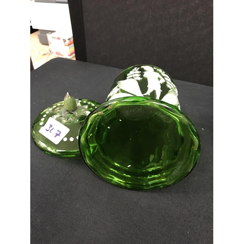 347 - 2 PIECES OF GREEN OVERLAY GLASS TO INCLUDE VASE, DECANTER AND A VICTORIAN MARY GREGORY SWEET JAR COM... 